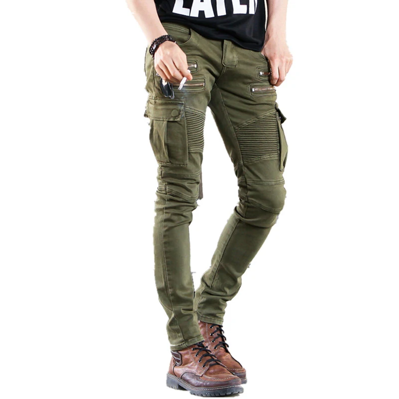 Groen Zwart Denim Biker Jeans Mannen Skinny Nieuwe Runway Verontruste Slim Elastische Homme Hip Hop Militaire Motorcycle Cargo Broek