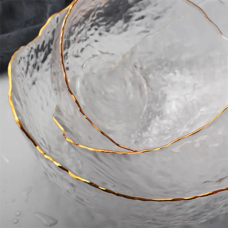 Glass Salad Bowl Irregular Gold Inlay Edge Fruit Rice Serving Bowls Food Storage Container Lunch Bento Box Decoration Tableware
