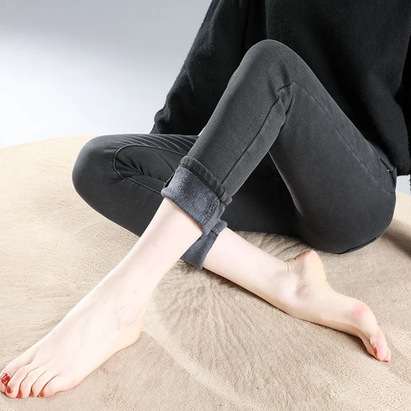 Fleece Winter Jeans For Slim Women Warm Retro High Waist Stretch Pencil Pants Streetwear Casual Velvet Skinny Denim Trousers