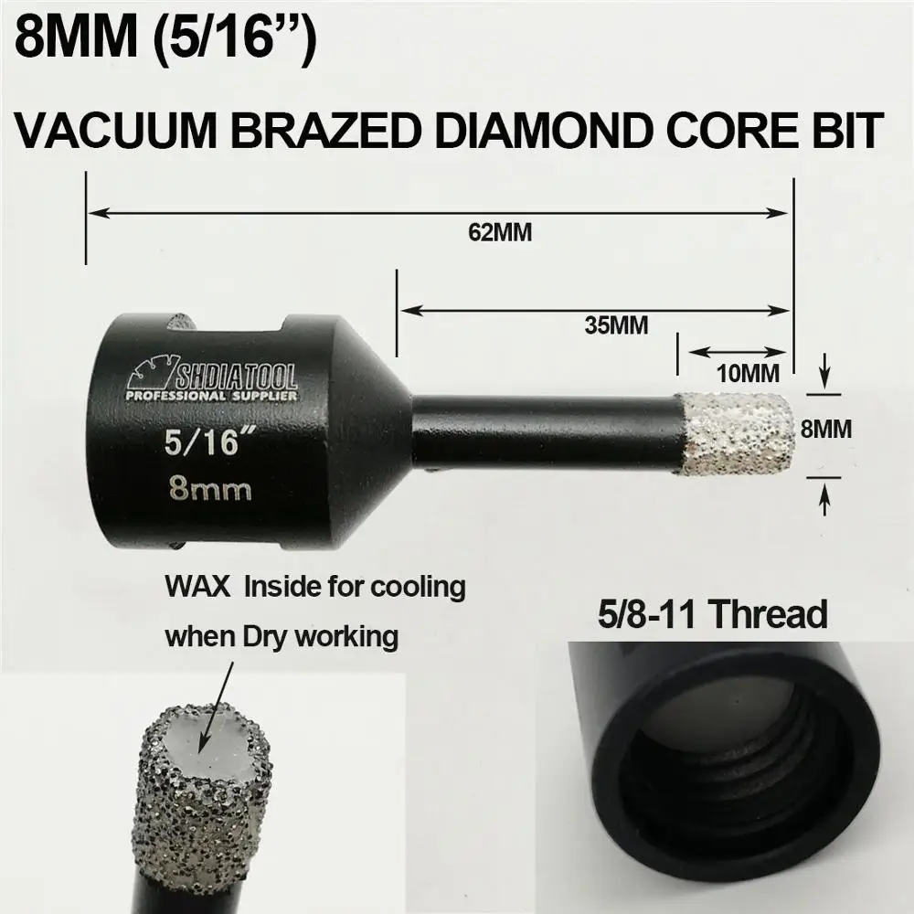 1 шт. 5/16 "ВАКУУМНОЙ ПАЙКИ DIAMOND сухой бурения биты с 5/8-11 соединение Диаметр 8 мм для фарфора гранитная плитка кладки кирпича