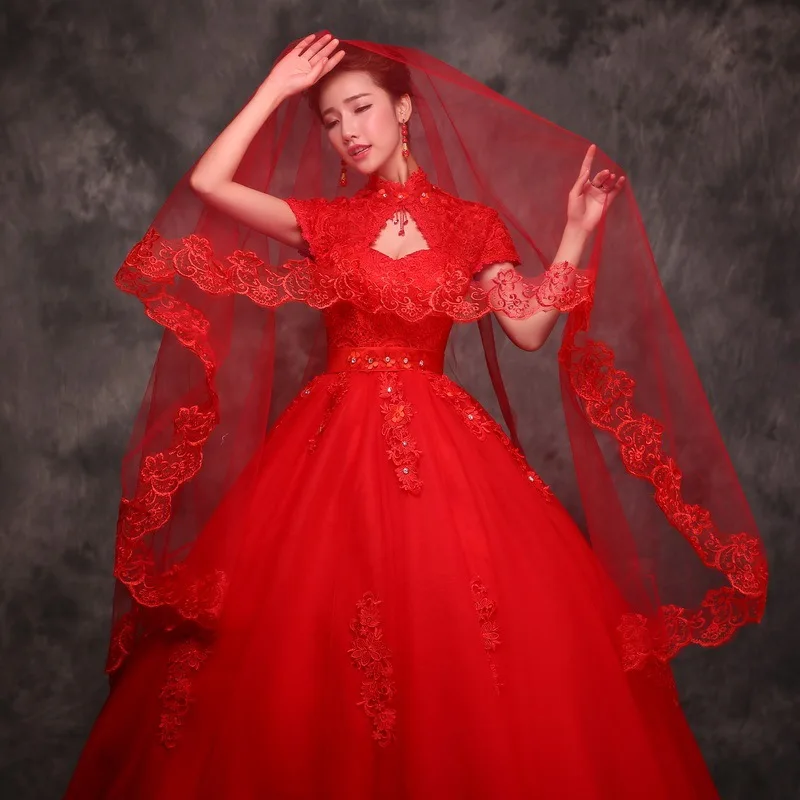 One Layer Red Lace Edge Appliques Wedding Veil Voile Mariage Accessories