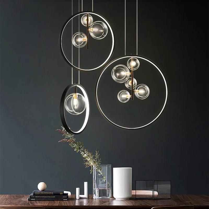 ostmodern black pendant light led round glass pendant light Loft Dining Room Kitchen Bar Lighting Dia 28/40/50cm cafe lighting