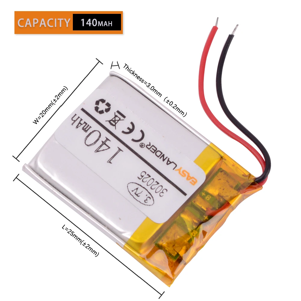 3.7V 302025 140mah 402025 150mah 502025 180mah 602025 250mah 702025 300mah Lithium Polymer Battery For video recorder Registrar