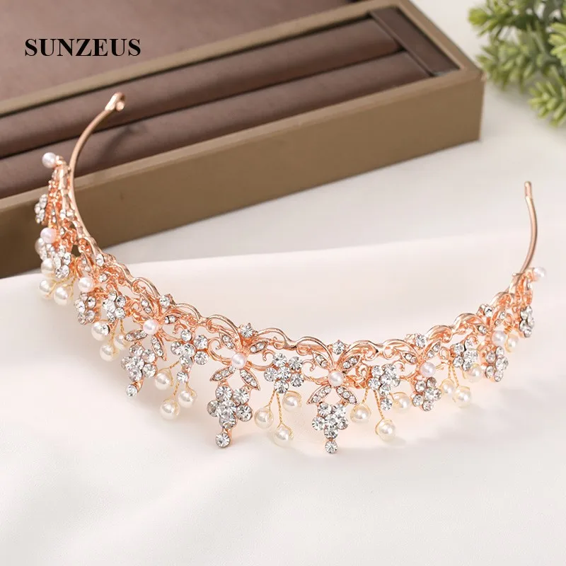 Hoa Hồng Vàng Đảng Mũ Trùm Đầu Tinh Thể Cô Dâu Mũ Cưới Tiaras Với Quả Lê Nữ Băng SQ479