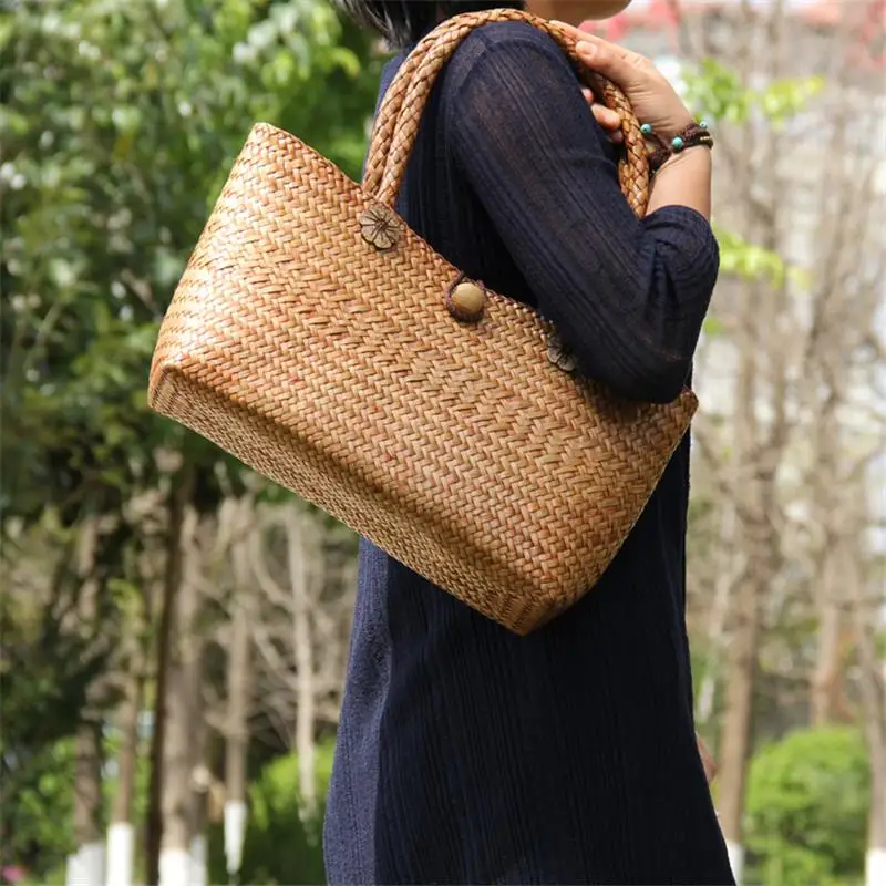 38x20CM  New Thai Solid Color Straw Shoulder Bag Travel Beach Bag Female Garden Handmade Rattan Weaving Women a6100