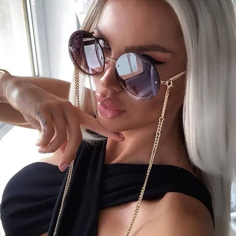 

Luxury Metal Chain Round Sunglasses Rimless Brand Shades for Women Circle Sun Glasses Gradient Oculos gafas zonnebril dames