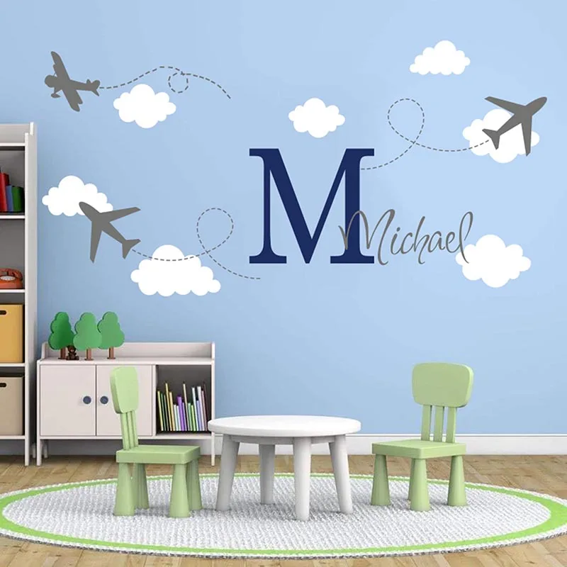 Large Custom Name Airplane Clouds Wall Sticker Boy Room Kids Room Personalized Name Plane Cloud Sky Wall Decal Bedroom Vinyl