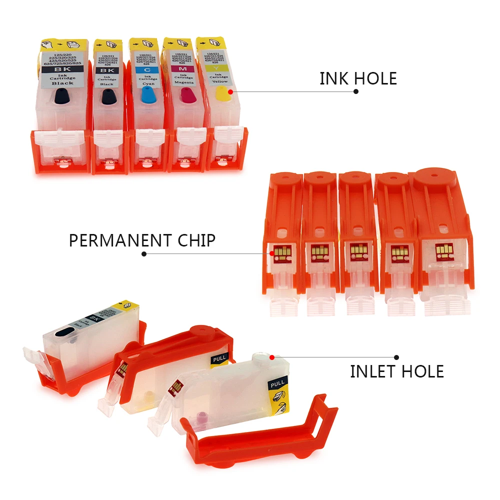 5 pcs PGI-225 CLI-226 Refillable Ink Cartridges for Canon PIXMA MG5120 MG5220 MG6120 MG8120 MG5320 IP4820 IP4920 MX882 IX6520