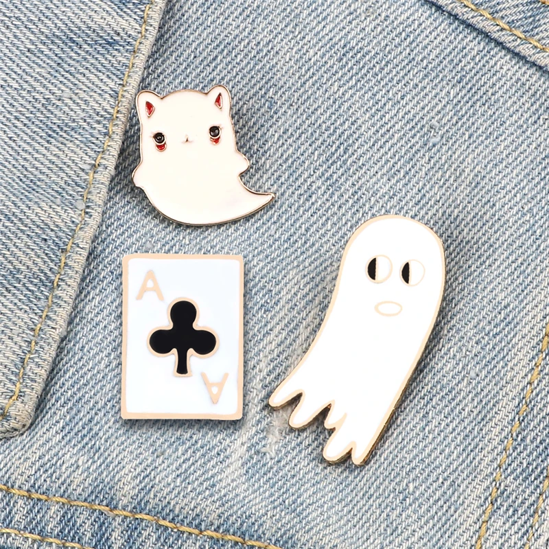 Cute Ghost Cat Enamel Pins Cartoon Funny Hat Brooches for Women Metal Custom Jewelry Denim Jackets Lapel Badges Gift for Friends