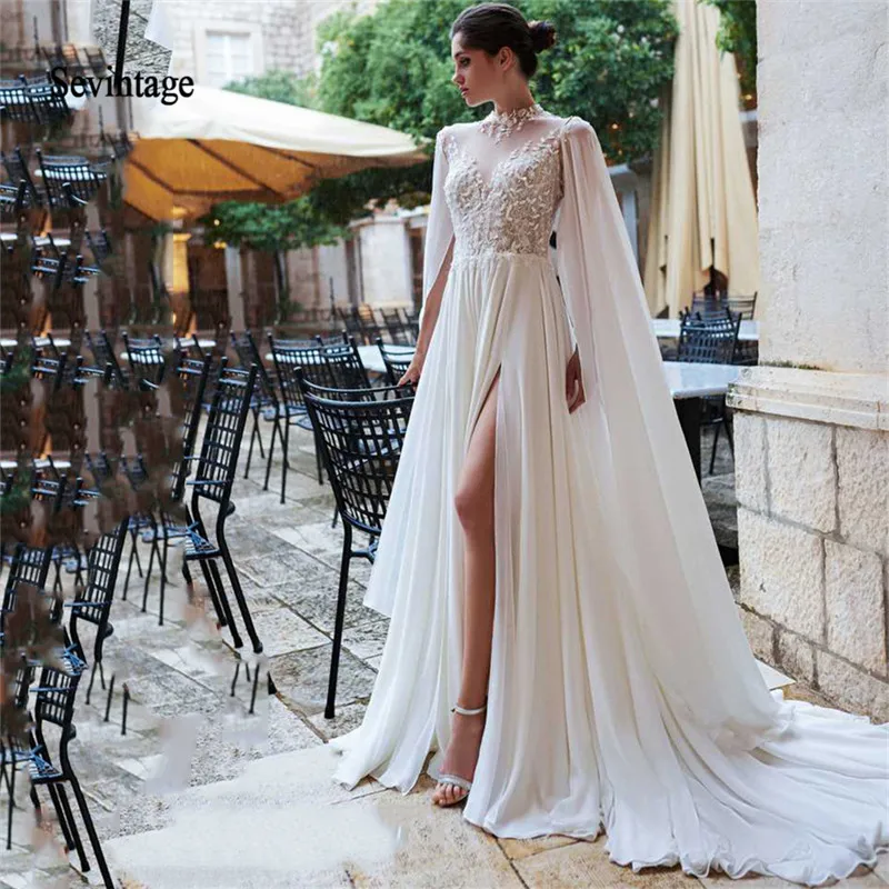 Sevintage Collo Alto in Chiffon di Boho Abiti da Sposa Più Il Formato Beach Pizzo Abiti da Sposa con Watteau Treno Backless Vestido De Noiva