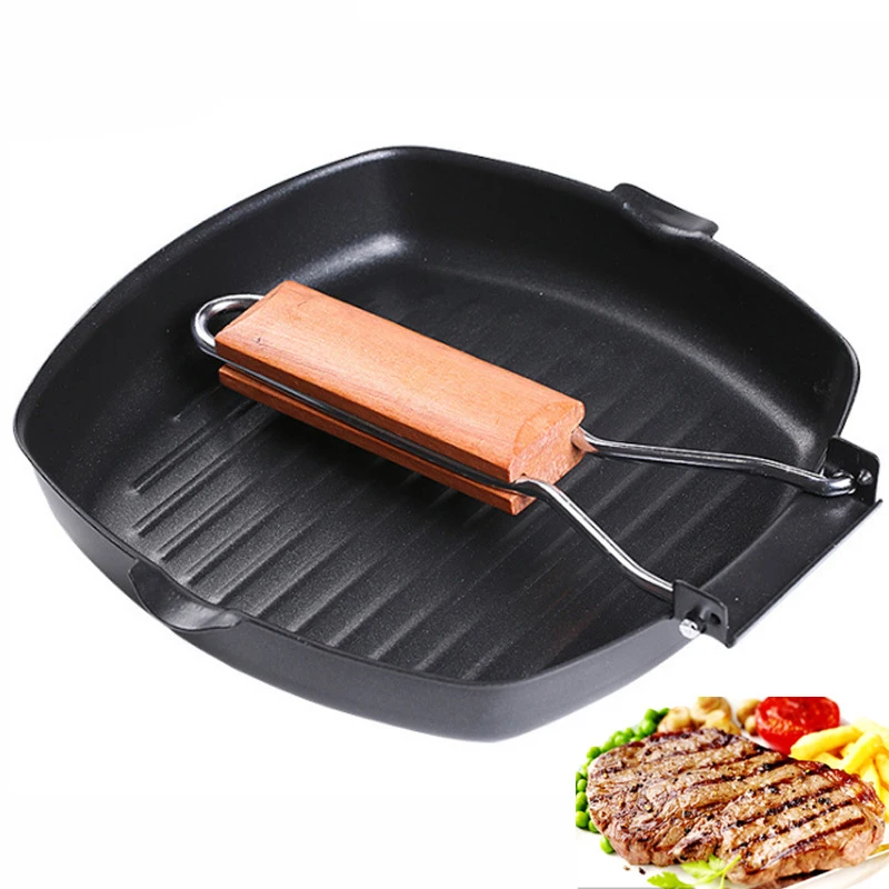 Pans Cast Iron Steak Grill Pans Non-Stick Frying Pan Wooden Handle Folding for Kitchen Fry Cooking Steak Pans Portable Square