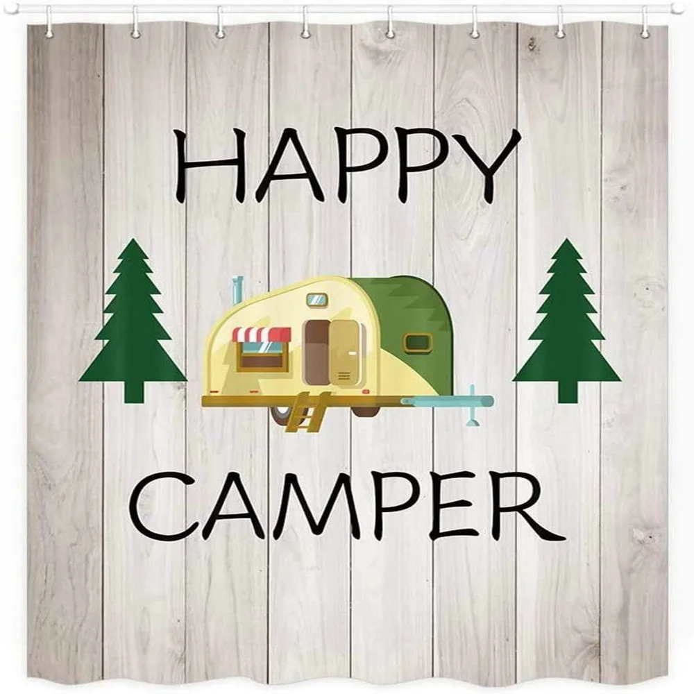 Happy Camper Shower Curtain Rustic Farmhouse Wood Board Trailer Tree Camping RV Bathroom Decor Fabric Hanging Curtains Set