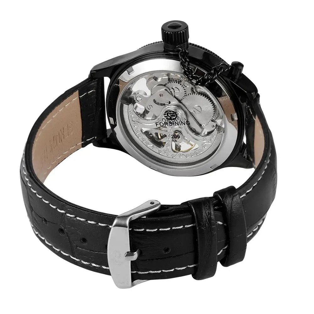 Reloj de moda informal para hombre, reloj mecánico automático con esfera redonda negra y manos azules, correa de cuero negra, regalo de vacaciones