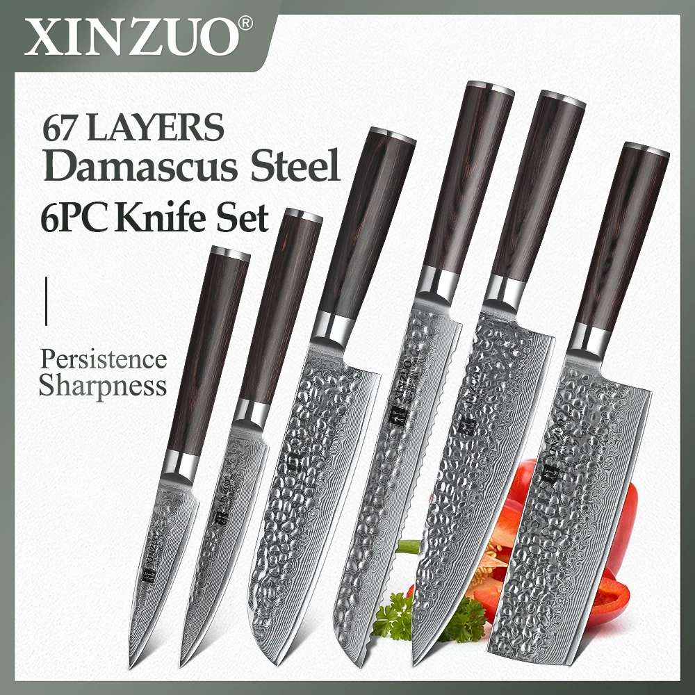 XINZUO 6PCS Kitchen Knife Set VG10 Japanese Steel High Carbon Stainless Steel Damascus Bread Chef Utility Knife Dropshipping