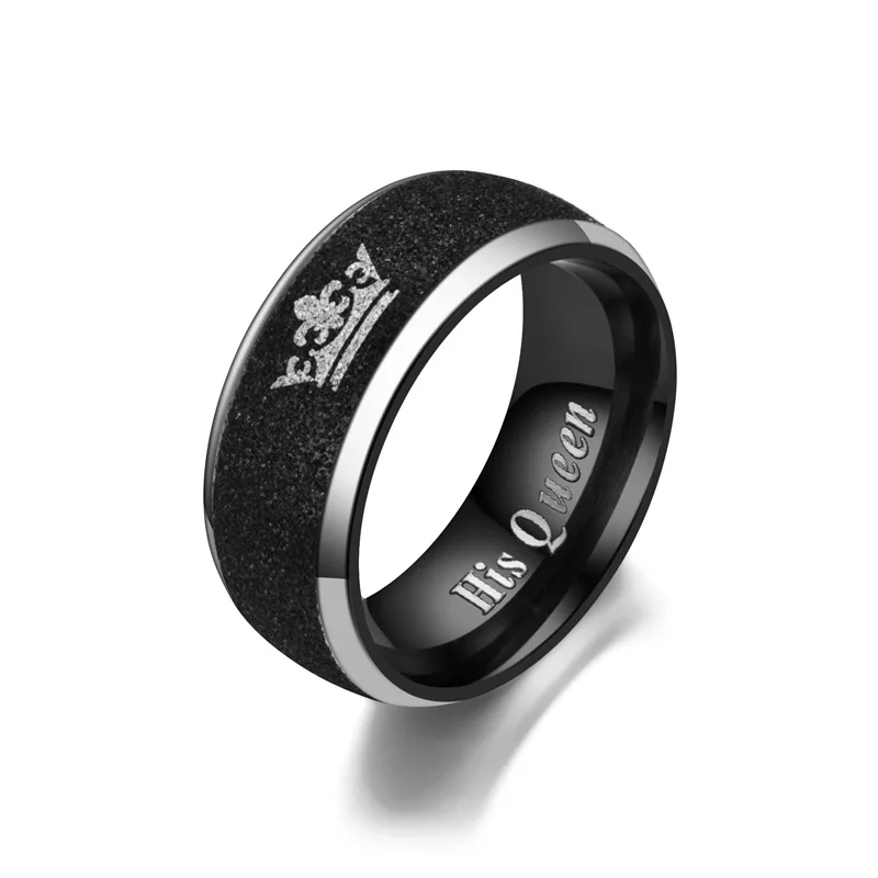 Her King and His Queen Letter Couple Rings For Women Men Crown Black 8MM Stainless Steel Matte Ring Lovers Wedding Jewelry