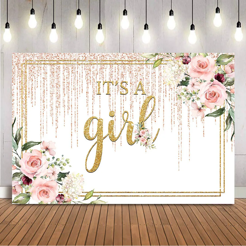 

It's a Girl Backdrop Gold Baby Shower Watercolor flowers Birthday Background for Picture Photoshoot Pink Floral Gender Reveal