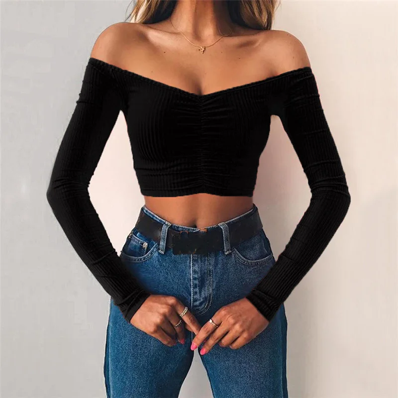 Off Shoulder Crop Top Women Summer Long Sleeve T Shirt V Neck tshirt Elegant Party Club Tee Shirt Femme Dames Streetwear