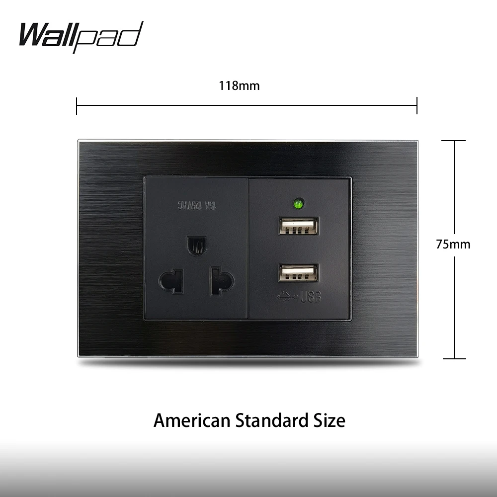 118*72 مللي متر الولايات المتحدة المقبس مع 2 منافذ شحن USB جدار L3 الأسود الألومنيوم الإطار الولايات المتحدة العالمي المقبس و شاحن USB مزدوج