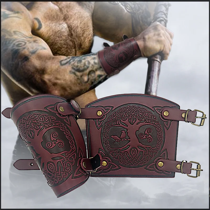 Caballero Medieval samurái de cuero PU en relieve, protector de muñeca, interpretación de drama, Cosplay para hombres, accesorios de cosplay