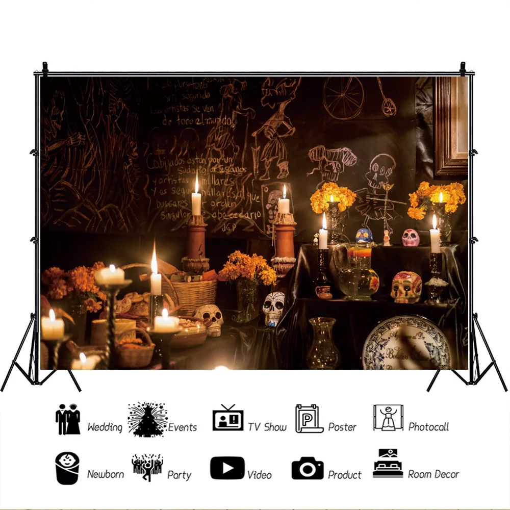 Laeacco Mexican Day of The Dead Party Background Candlestick Skeleton Photographic Backdrop Flowers Banners Death Photo Studio