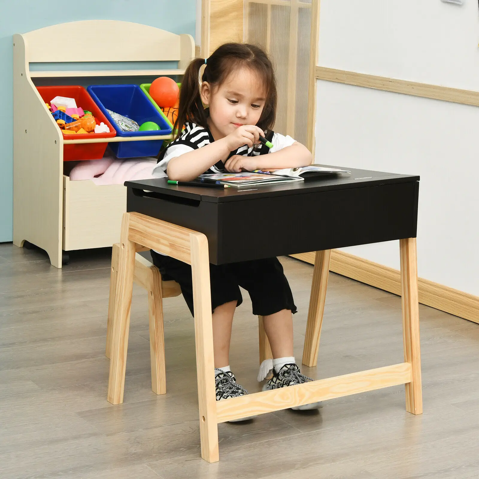 Babyjoy Kinder Tisch & Stuhl Set Holz Aktivität Kunst Studie Schreibtisch w/Lagerung Raum HW67057