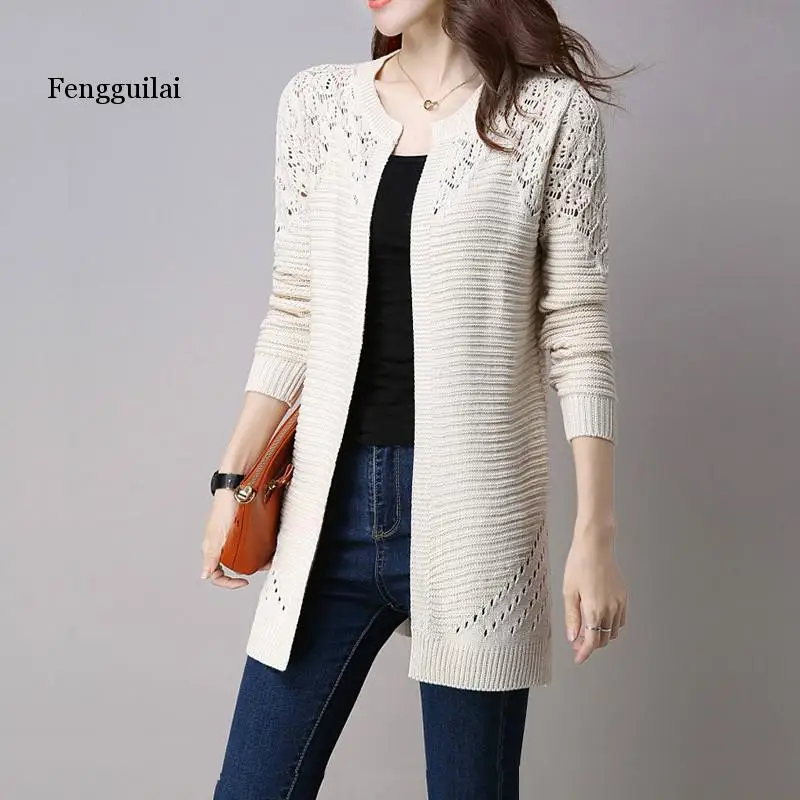 

Fall Women Cardigan Solid Color Hollow Out Sweaters Size S-XXL Poncho Full Sleeve Open Stitch Female Knitted Outerwear