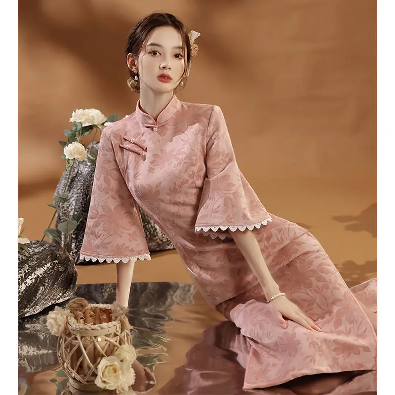 Pink Cheongsam Improved Autumn Style 2021 New Chinese Qipao Modern Young Girl Elegant Dress Winter Long Sleeve