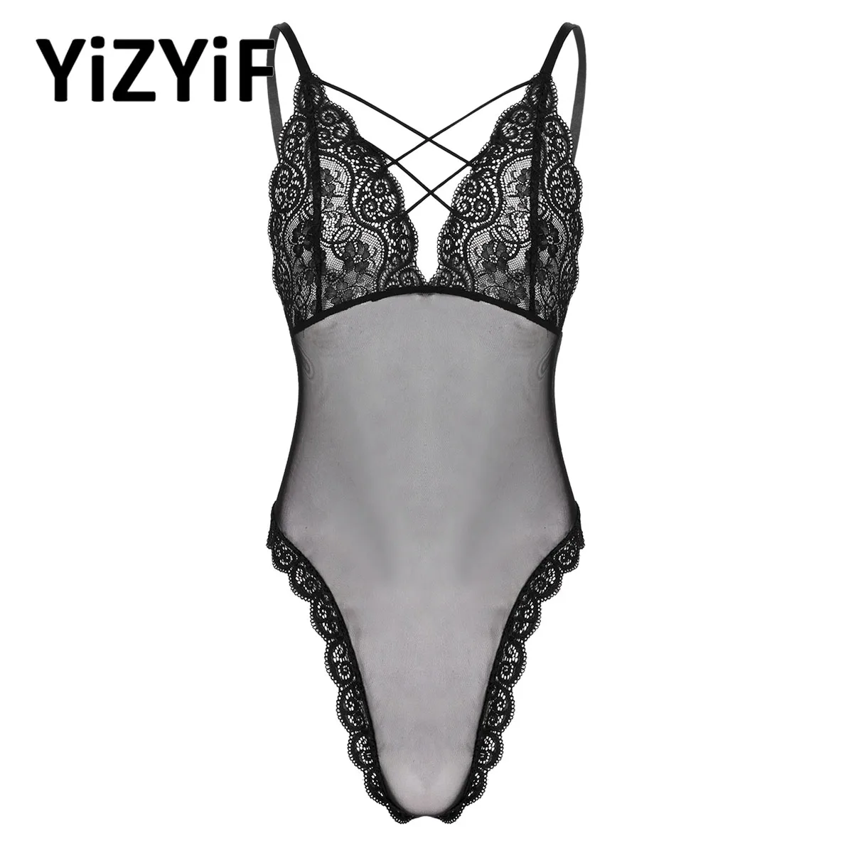 

Gay Men Floral Lace Lingerie Sexy See-through Bodycon Bodysuit Spaghetti Strap Sheer Mesh Lingerie Teddies Catsuit Sex Costume