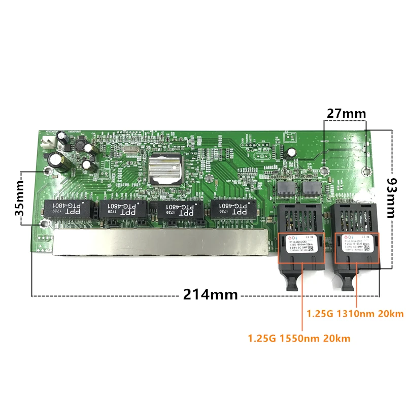 ย้อนกลับ 10/100/1000M Gigabit Ethernetสวิทช์ไฟเบอร์โหมดเดี่ยว 8 RJ45 และ 2 SC motherboard1.25G 20KM