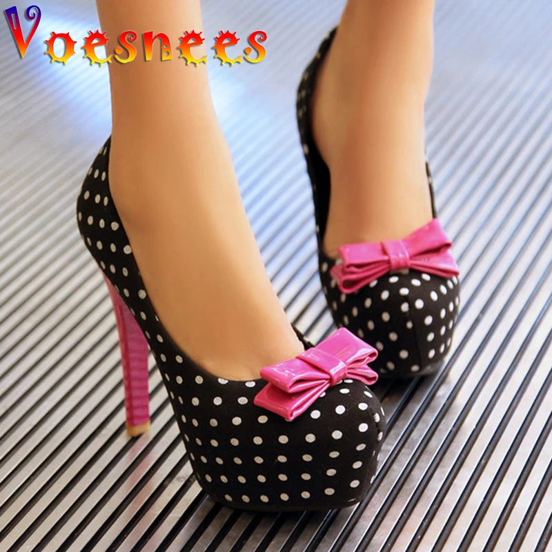 2021 Spring Autumn New Women\'s Pumps Sweet Bow Polka Dot High-Heeled Single Shoes Round Toe Thin Heels Plus Size Women Shoes