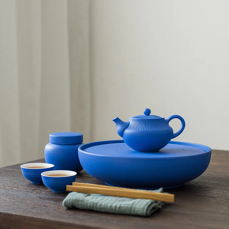 Handmade Japan Simple Style Ceramic Kungfu Tea 1 Teapot (200ML)  2 Cups (30ML) 1 Tea Caddy (230ML) 1 Tea Tray Set Blue