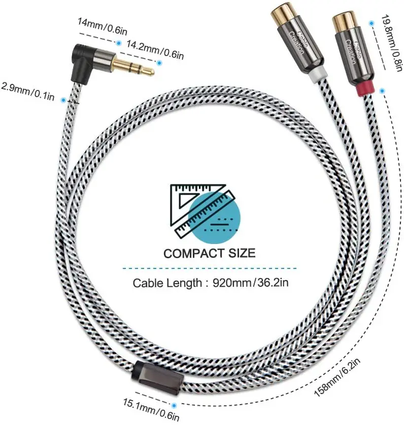 3.5 مللي متر إلى 2RCA أنثى زاوية كابل صغير جاك إلى RCA ستيريو الصوت Y كابل مطلية بالذهب ، متوافق MP3 ، أقراص ، نظام ستيريو HiFi