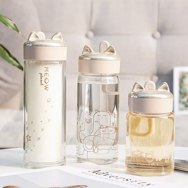 

300ML 220ML Portable Cute Cartoon Glass Water Bottle With Straw Lid Sports Bottles Leak Proof Fruit Juice Bottles For Drinks