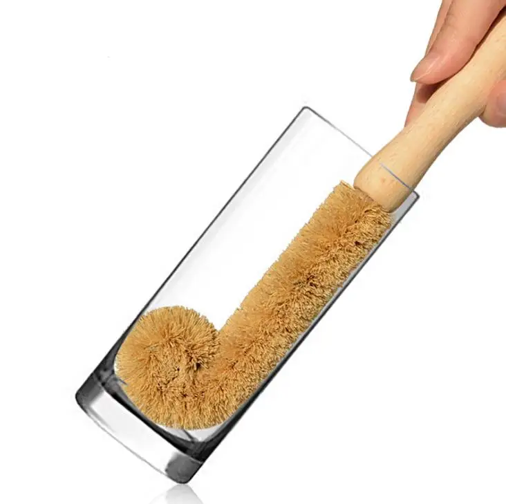 Wooden Cup Brush Coconut Palm Long Handle Bottle Cup Cleaner Pot Glass Kitchen Washing Tableware Cleaning Brush Tools 24cm SN