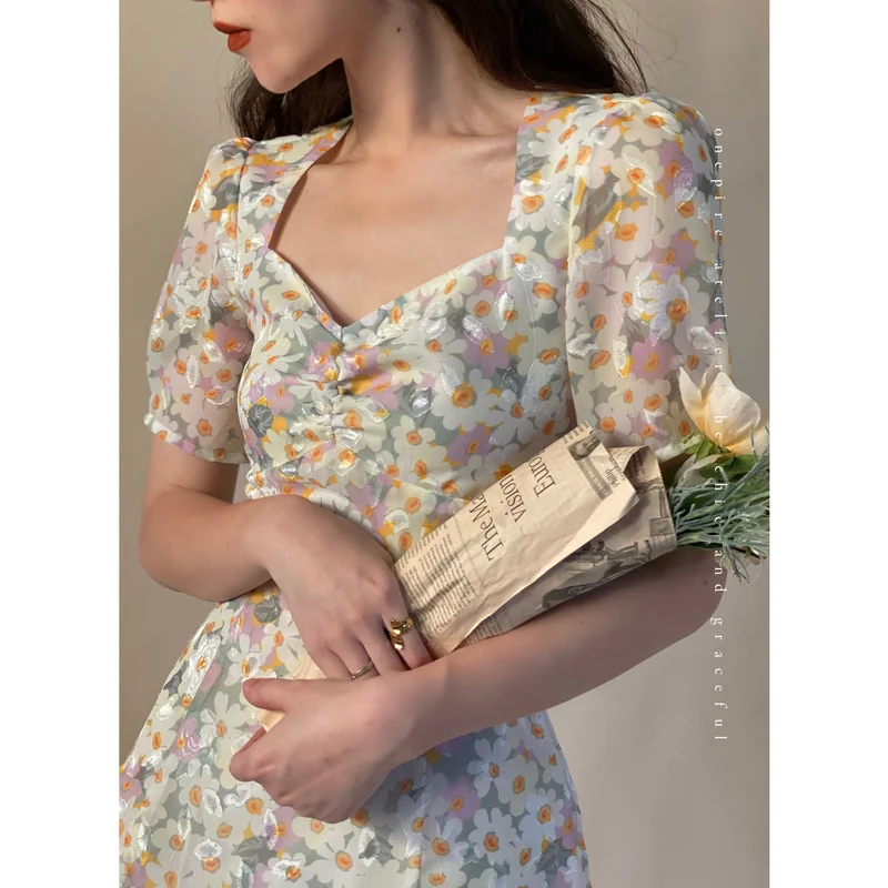 New 2021 Summer Floral Print Dress Women Elegant Sweet Casual Chic  Beach Dress Female French Party Holiday Outdoor Korean Dress