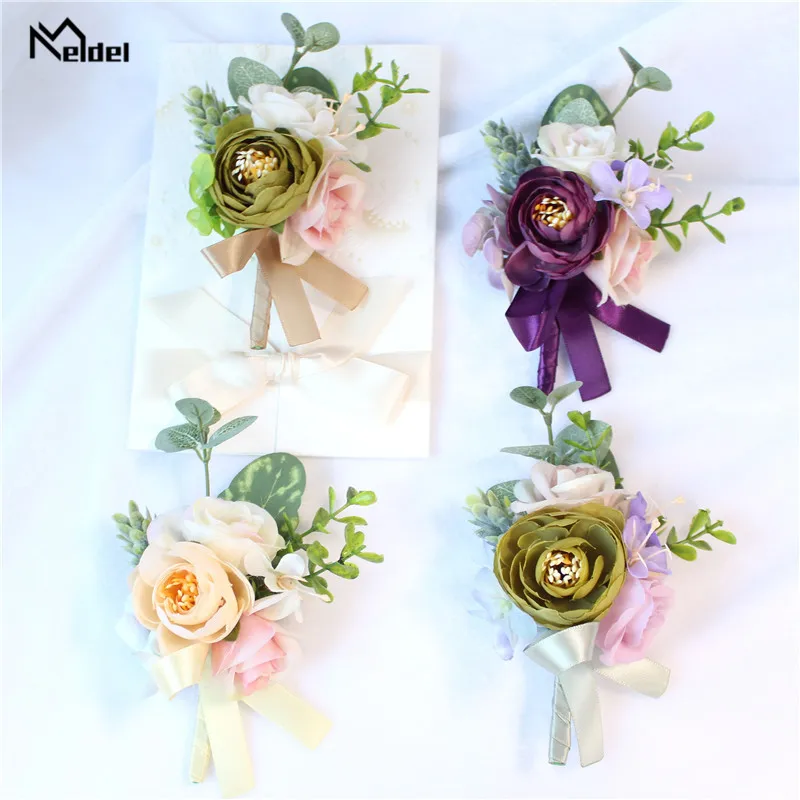 Meldel Cưới Corsages Và Boutonnieres Hoa Hồng Lụa Chú Rể Boutonniere Người Xòe Cưới Hôn Nhân Xòe Vòng Tay Hoa