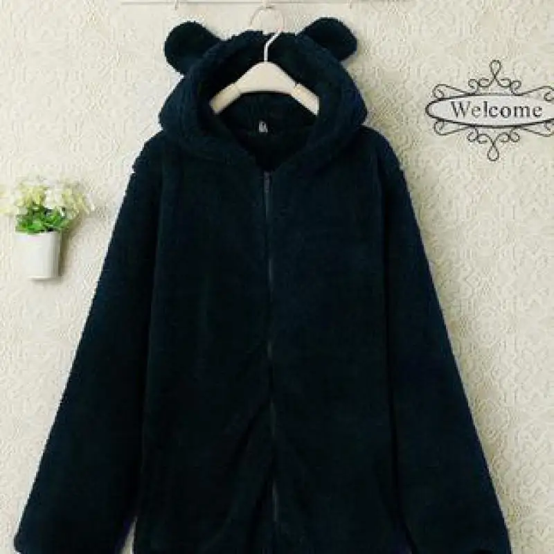 2024 Winter Cute Little Bear Bunny Ears Small Tail Cartoon Plush Lady Hoodie Mid-length Long Solid Color Loose Zipper Girl Coat