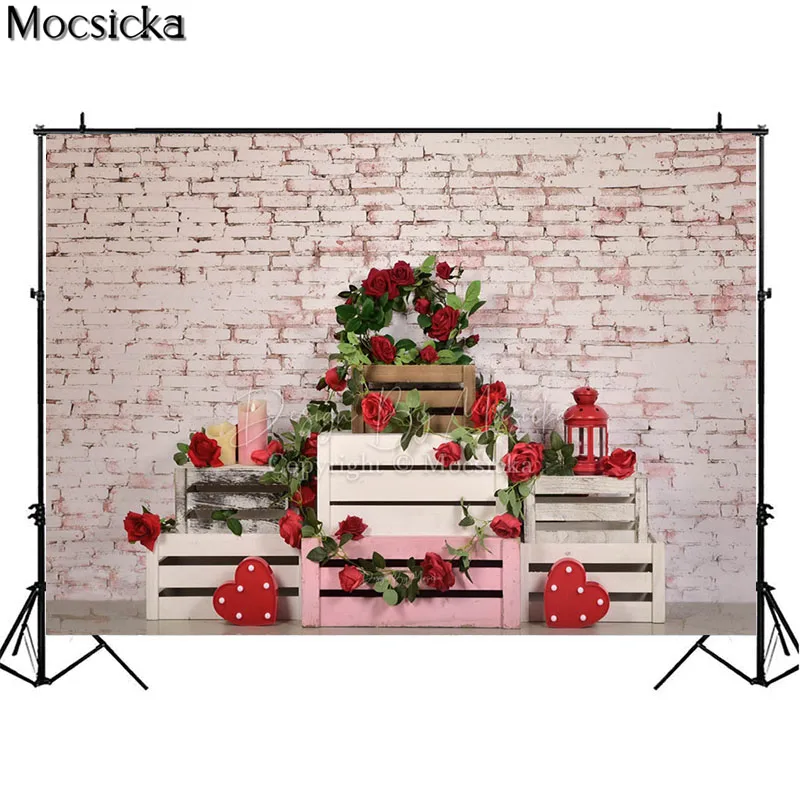 Mocsicka Valentine's Day Photography Backdrops Vintage Brick Wall Love Heart Candle Flowers Birthday Cake Smash Photo Background