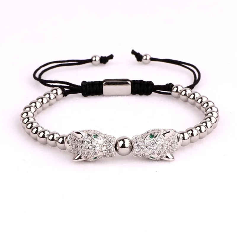High Quality CZ Micro Pave Leopard Charm Stainless Steel Beads Adjustable Bracelet Men Women