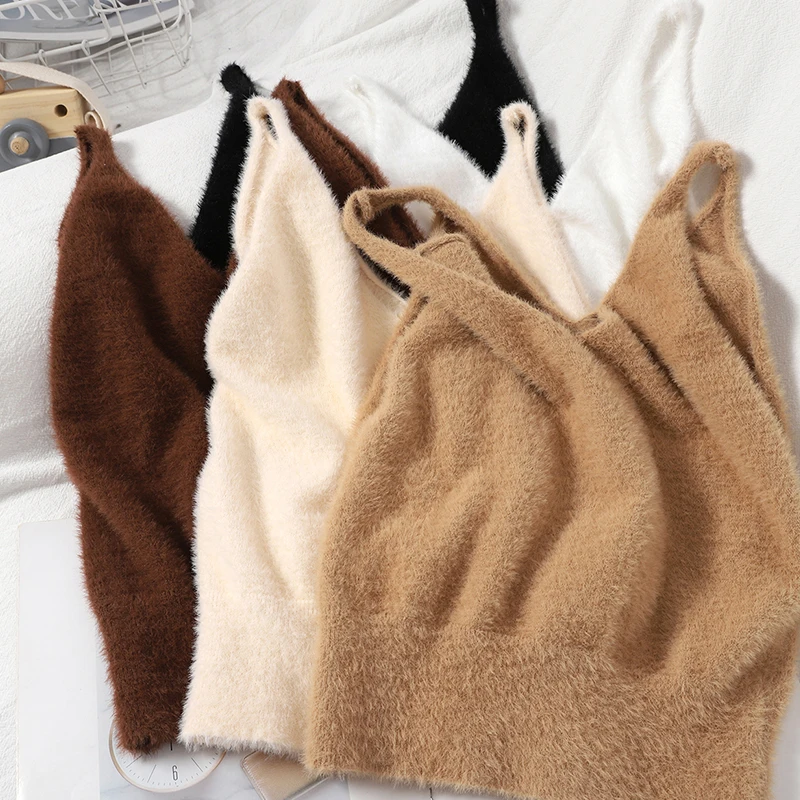 Pearl Diary Women Summer Solid Fuzzy Knitted Crop Tops V Neck Fluffy Plain Camis Straps Sexy Cosy Cropped Tops Korean Styles