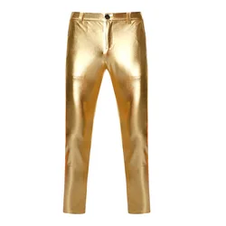 Motorcycle PU Leather Pants Men Brand Skinny Shiny Gold Coated Metallic Pants Trousers Nightclub Stage Perform Pants for Singers