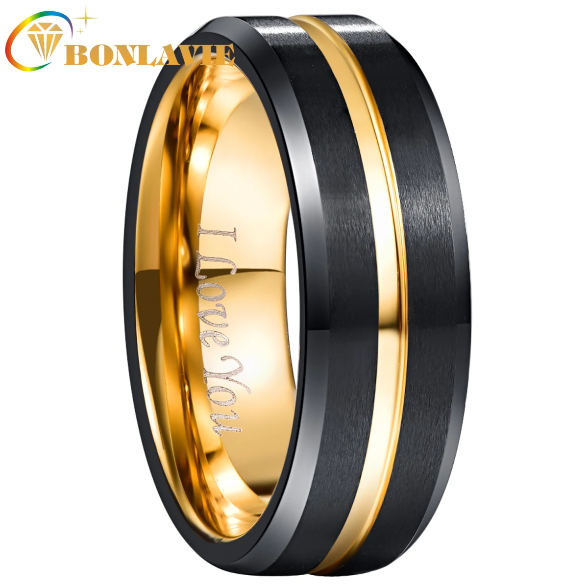 

BONLAVIE Tungsten Carbide Ring 8mm Wide Electroplated Black Golden Frosted Surface Tungsten Steel Ring Men Jewerly