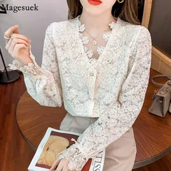 French V-neck Sweet Lace Blouse Women Elegant Long Sleeve Women's Clothing 2021 Autumn Crochet Flower Hollow Out Shirt 17088