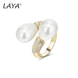 LAYA 925 Sterling Silver Adjustable Double Pearl Ring For Women Sparkling Zircon Engagement Anniversary Fine Jewelry