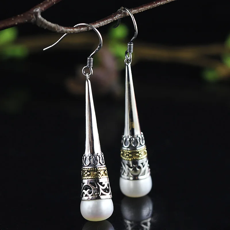 

Uglyless Vintage Thai Silver Hollow Cone Earrings Garnet Chalcedony Pearls Earrings for Women 925 Silver Jewelry Retro Brincos