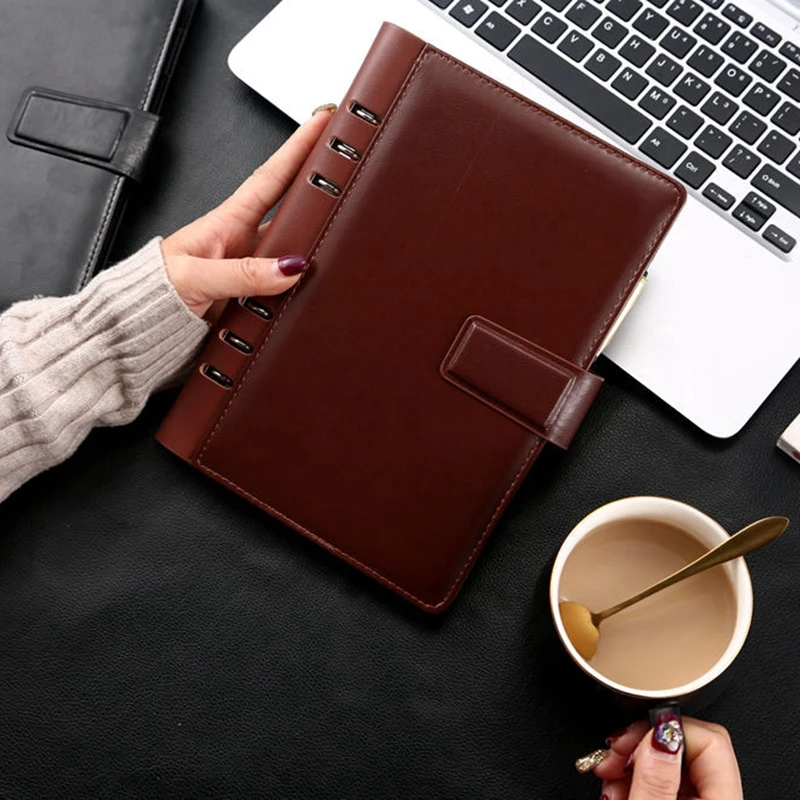 Cuadernos planificadores de 6 anillas de cuero para negocios, cuadernos de tapa dura con logotipo personalizado Vintage marrón, A5 para promoción de