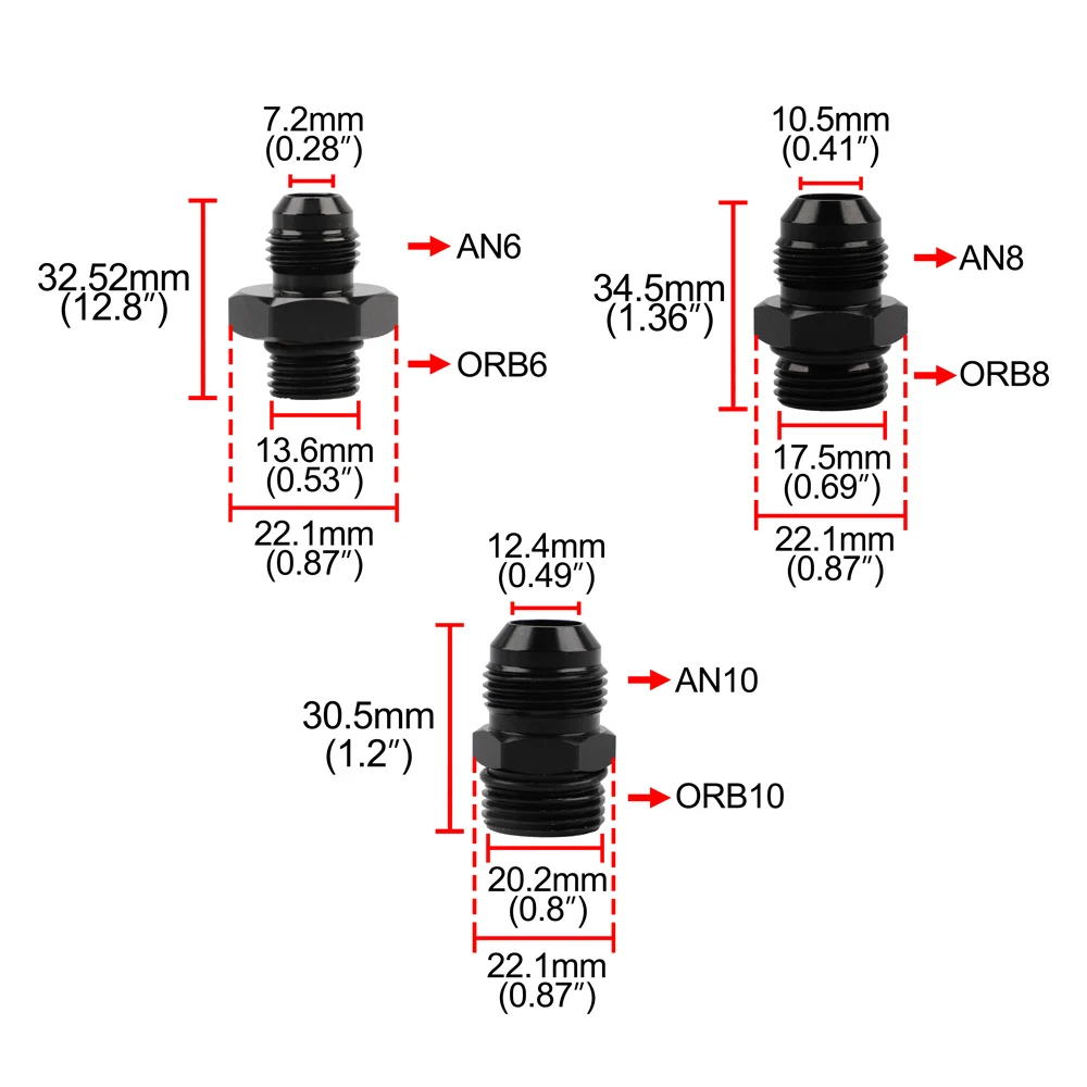 Male Adapter AN6 6AN Fitting Black ORB-6 /-10 /-10 O-ring Boss to AN8 8AN AN1010/ 6061-T6 aluminum  Flare fiting Car Accessories