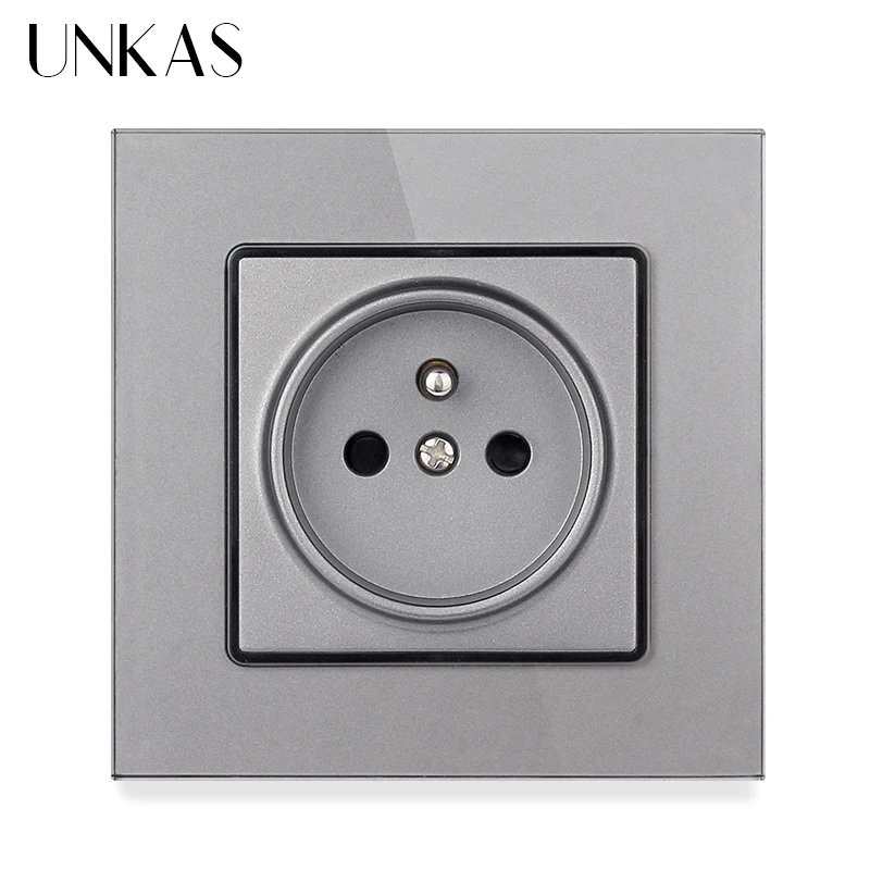 

UNKAS Russia Spain French Standard 16A Wall Socket Dual USB Charge Port Tempered Crystal Glass Panel Black White Grey Outlet