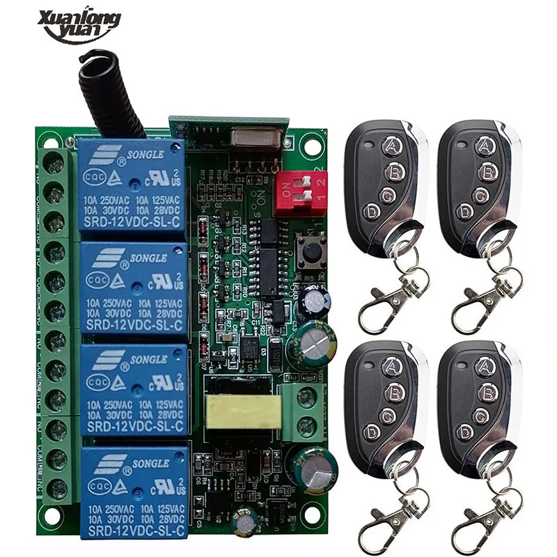 433MHz Universal Wireless Remote Control AC110V 220V 230V 4CH 4Channel Relay Receiver Module RF Switch 4 Button Remote Control