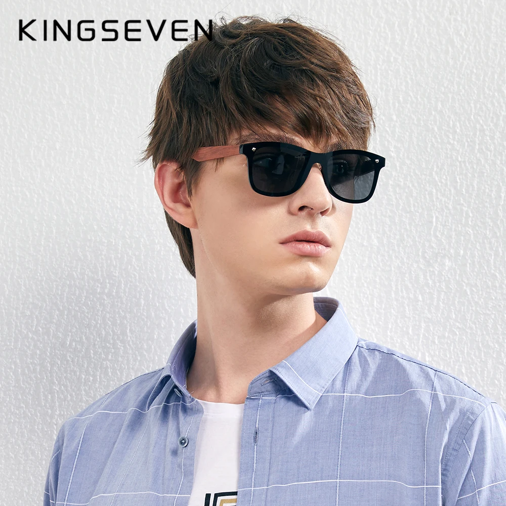 KINGSEVEN Polarized UV400 Vintage Sunglasses For Men Brand Wooden Flat Lens Square Frame Women Eye Protection Oculos Eyewear